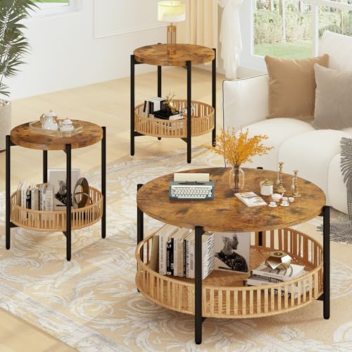 AWQM 3 Pieces Coffee Table Set for Living Room, 2 Tier Round Rattan Coffee End Side Table, Boho Living Room Table Set with Metal Frame for Bedroom Office