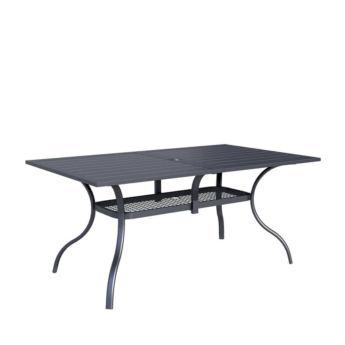 Omelaza 60" x 37" Patio Dining Table, Outdoor Rectangle Bistro Metal Table with Steel Slat Table Top for Porch Deck Garden Backyard Poolside, 1.57" Umbrella Hole, Black