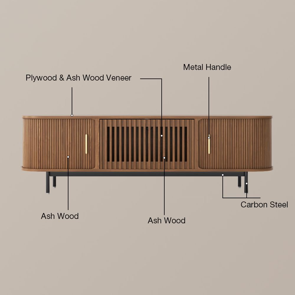 POVISON Fully-Assembled Sliding Tambour Door TV Stand with LED Lights, Mid Century Modern TV Console, Wood Media Console, Entertainment Center with Storage Cabinet(Walnut, 78.74")