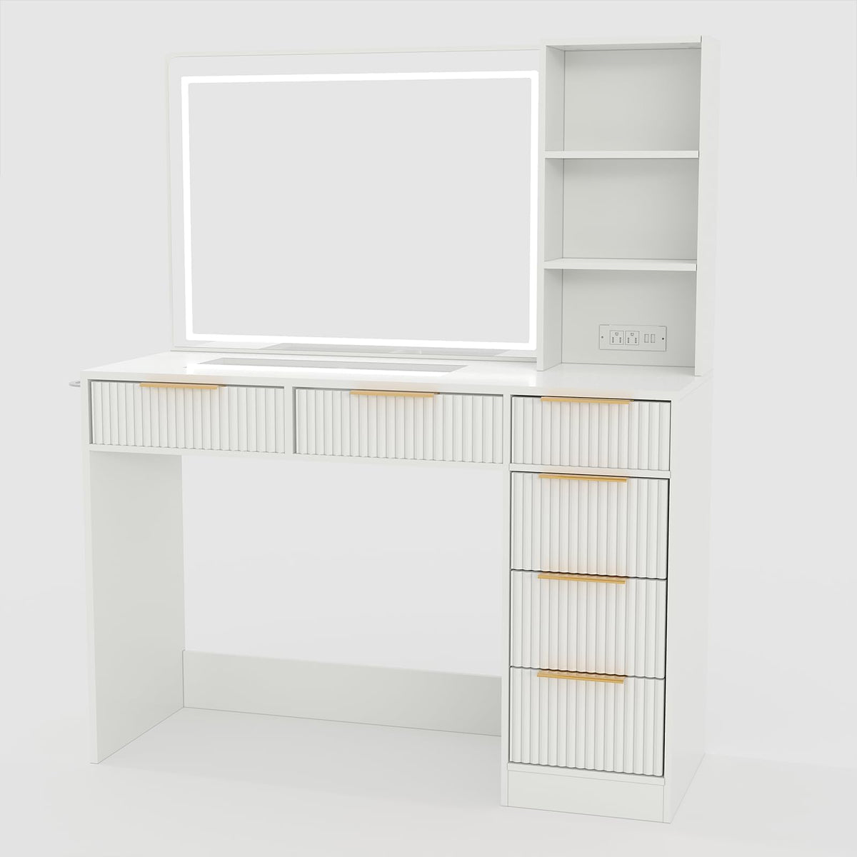 Patikuin 52" Fluted Makeup Vanity Desk with Mirror & Adjustable Lighting, Dressing Table with 6 Drawers, Glass Top, Shelves & Hairdryer Stand for Bedroom, Modern Vanity with Charging Station, White