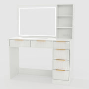 Patikuin 52" Fluted Makeup Vanity Desk with Mirror & Adjustable Lighting, Dressing Table with 6 Drawers, Glass Top, Shelves & Hairdryer Stand for Bedroom, Modern Vanity with Charging Station, White