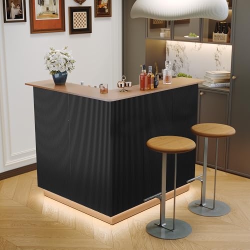 ARTPOWER L Shaped Home Bar Cabinet with Fridge Space, Oversized Modern Basement Coffee Bar Table with LED Strip, Fluted 4-Tier Corner Wine Cabinet with Stemware Racks for Dining Living Room, Black