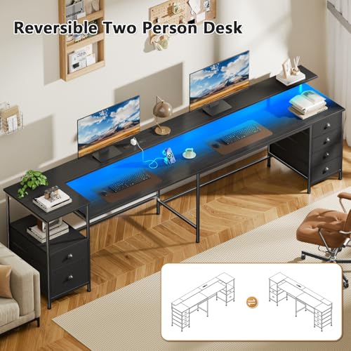 95" Two-Person Gaming & Office Desk with LED Lights, Power Outlets & Storage
