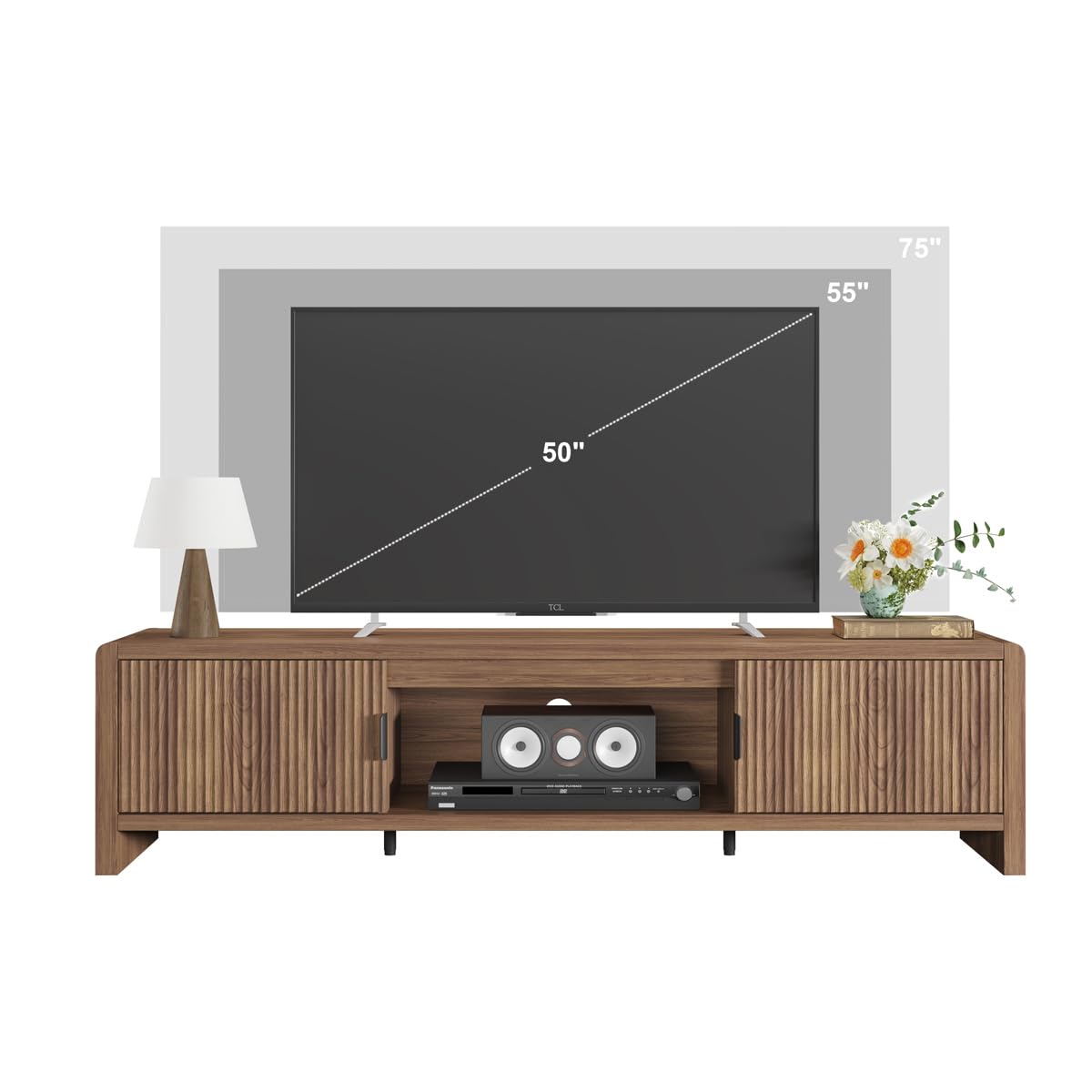 FATORRI TV Stand for 75/65/55 Inch TVs, Farmhouse Entertainment Center with Storage, Wood Waveform Fluted-Door Television Media Console for Living Room,Bedroom (63" W, Walnut)