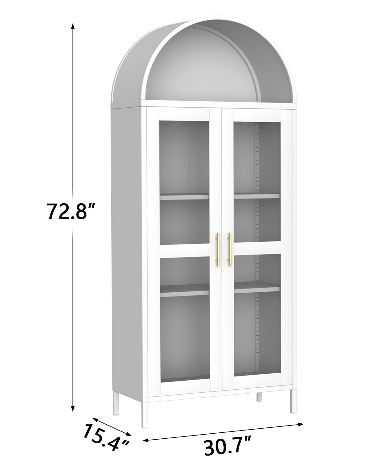 73" Tall Modern Arched Metal Cabinet with Glass Doors & 2 Adjustable Shelves, Farmhouse 4-Tier Display Shelf, Freestanding Pantry Storage for Kitchen, Dining, Living Room, Display Organizer, White