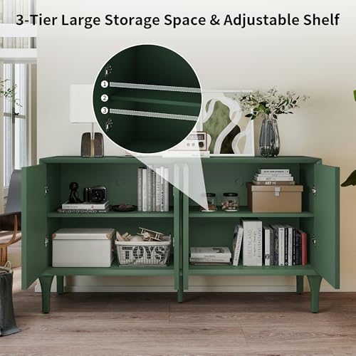 SZTHHDF 59" Sideboard Buffet Cabinet with Storage, Mid-Century Modern Storage Cabinet Accent Buffet Sideboard with Adjustable Shelves & Solid Wood Legs Large Credenza for Living Room (Green)