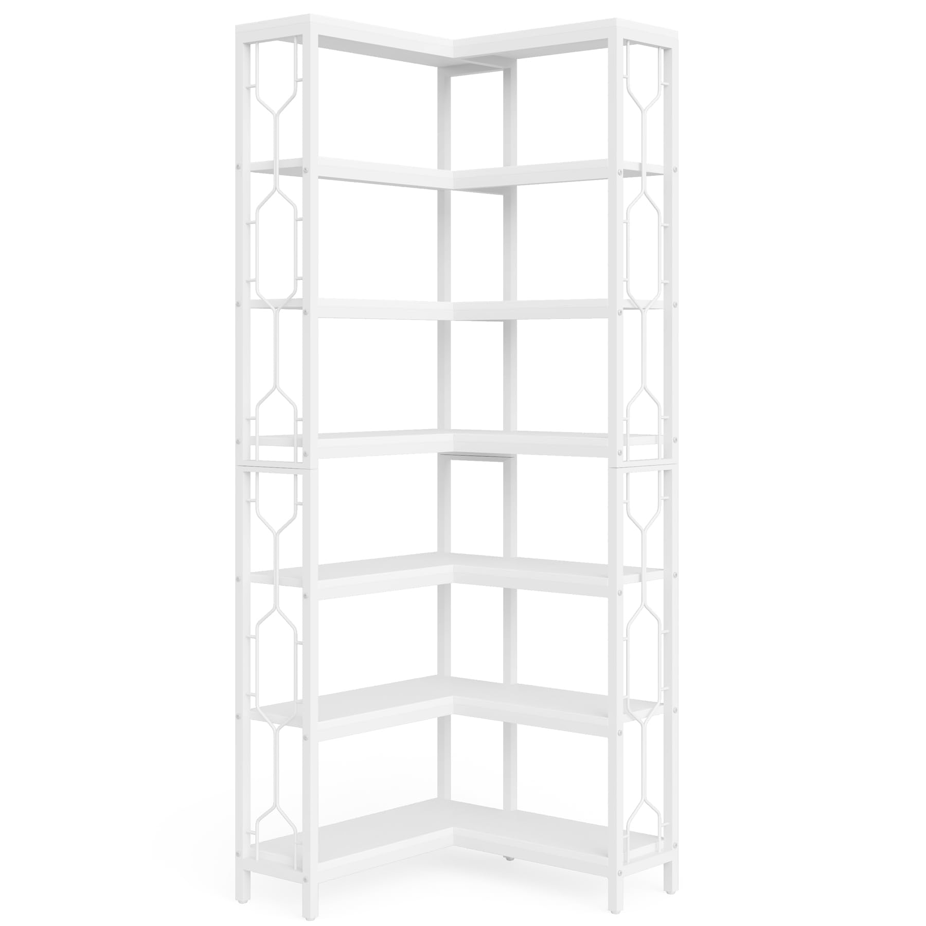 Tribesigns Corner Shelf, 7-Tier Industrial Corner Bookshelf, Wood and Metal Corner Etagere Bookcase, Freestanding Display Shelf for Living Room, Kitchen, Home Office, White