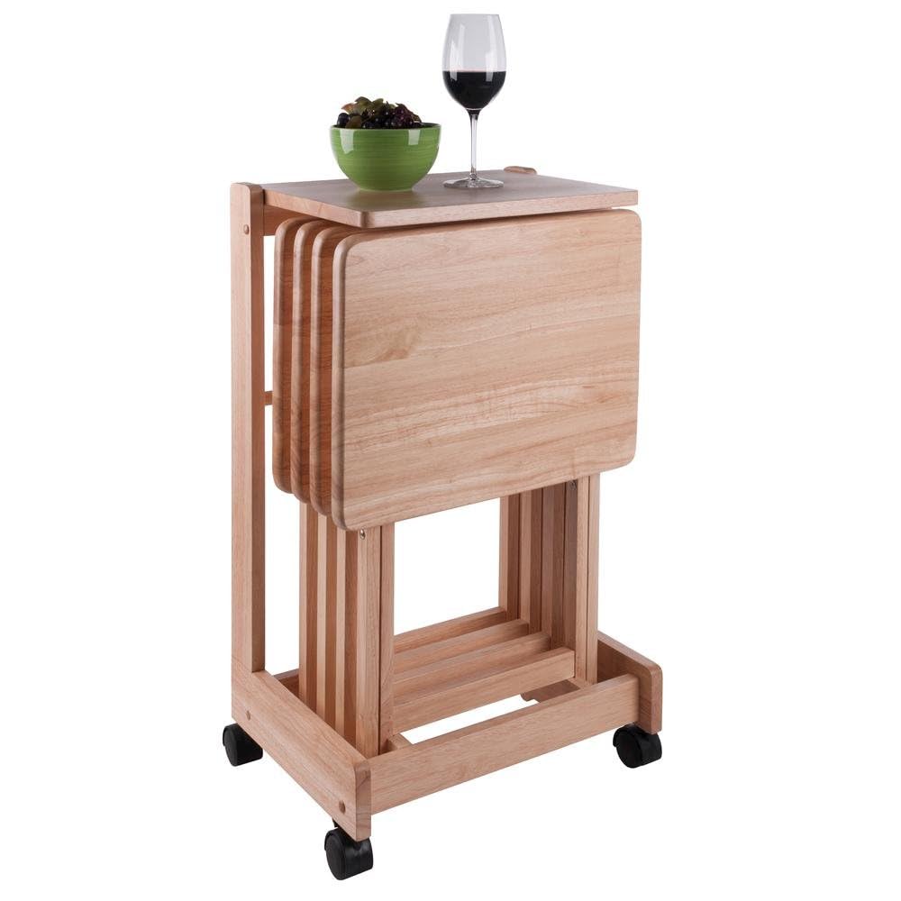Furnifact Natural Color Solid Wood TV Tray Set – Folding Snack Tables with Stand for Eating, Serving, and Working Comfortably in Any Living Space