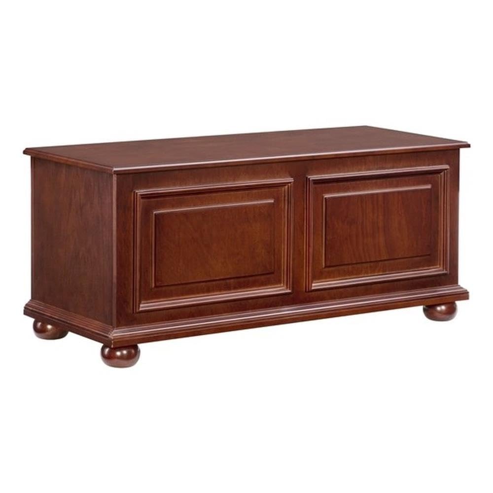 Pemberly Row Contemporary MDF Rubberwood Chest, Cherry Finish, 40.5" w x 16.75" d x 18" h, Decorative Molding, Bun Feet, Lined Storage, Child Safe Hinges, Living Room Accent Furniture