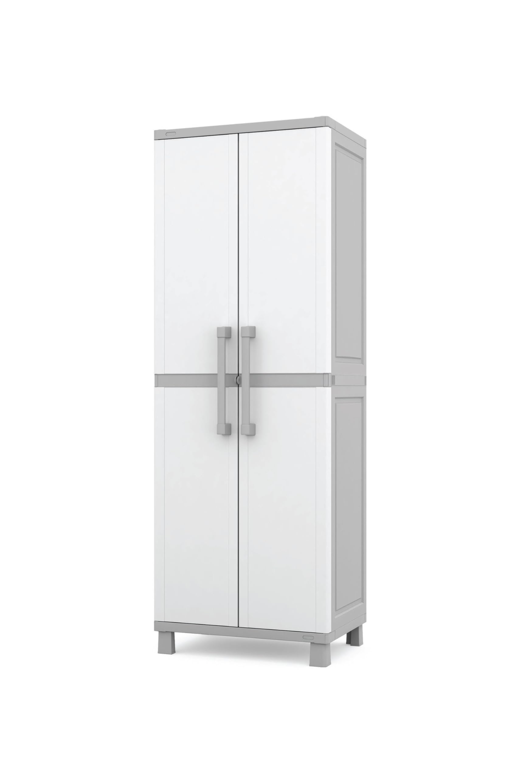 Keter Storage Cabinet with Doors and Shelves for Laundry Room, Garage, Bathroom Accessories, Closet and Home Organization, White & Grey