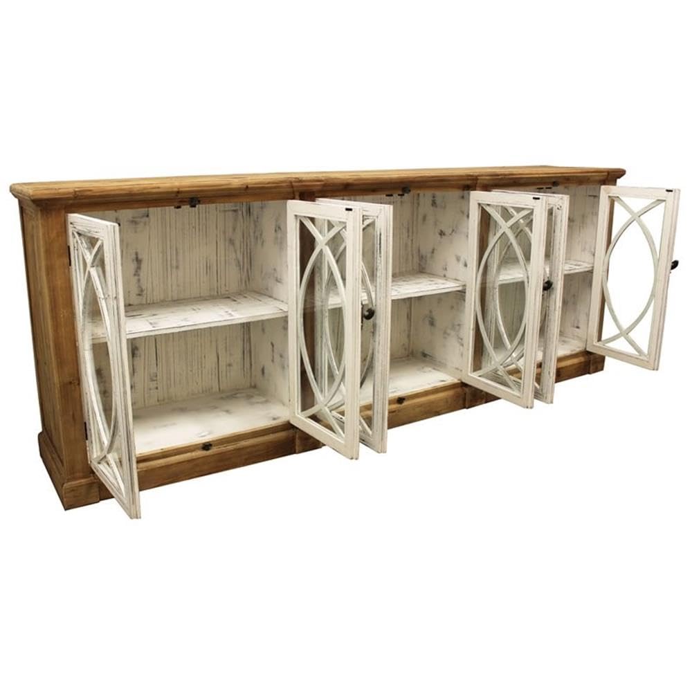 Pemberly Row Solid Wood 6 Door Sideboard, Glass Inserts, Natural Finish, 43" H x 113" W x 20" D, Lockable Doors, Wine Cellar Style Knobs, Buffet Table for Dining Room Storage