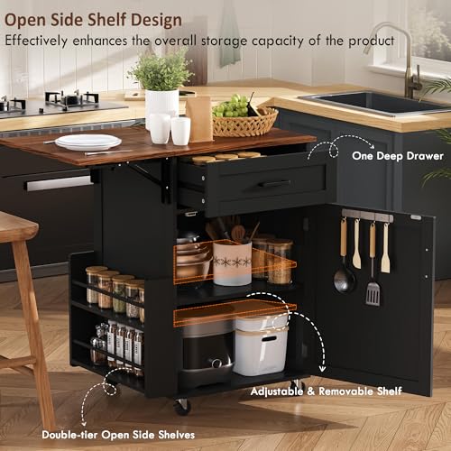 Seeheool K&K 39.3" Farmhouse Kitchen Island with Drop Leaf, Kitchen Storage Island with Open Side Rack, One Drawer, Towel Rack, Rolling Kitchen Cart with Lockable Wheels for Lawn Garden, Black