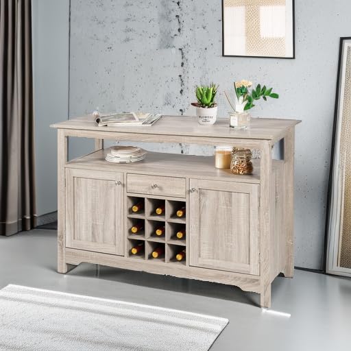 Giantex Buffet Server Sideboard, Console Wood Dining Table, Cupboard Table with 2 Cabinets, 1 Drawer and 9 Wine Cabinets, Storage Organizer Kitchen and Dining Room (Gray)