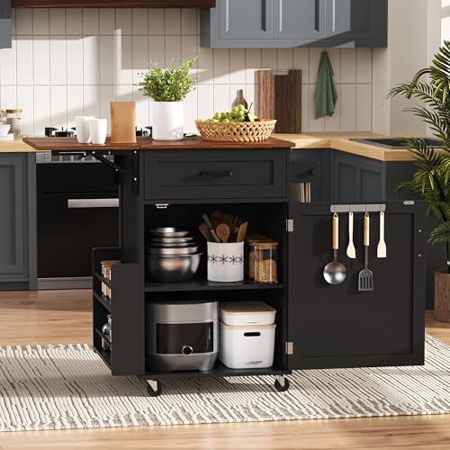 Seeheool K&K 39.3" Farmhouse Kitchen Island with Drop Leaf, Kitchen Storage Island with Open Side Rack, One Drawer, Towel Rack, Rolling Kitchen Cart with Lockable Wheels for Lawn Garden, Black