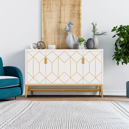 Tribesigns 59" White Gold Buffet Cabinet with Storage Kitchen Sideboard Storage Cabinet