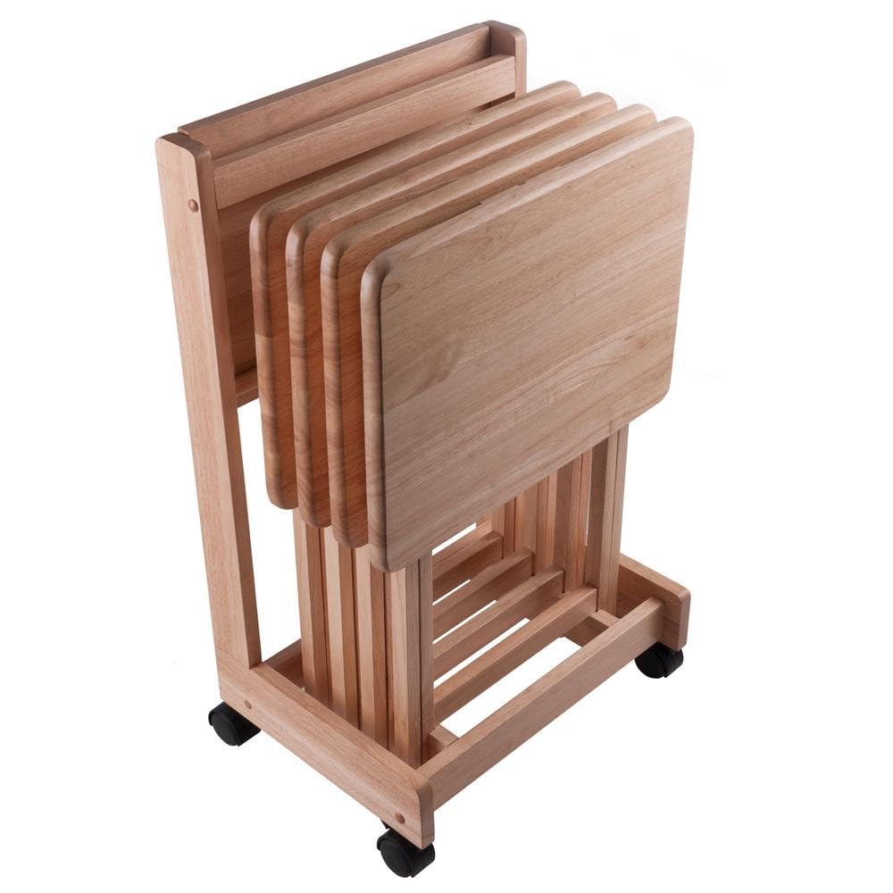 Furnifact Natural Color Solid Wood TV Tray Set – Folding Snack Tables with Stand for Eating, Serving, and Working Comfortably in Any Living Space