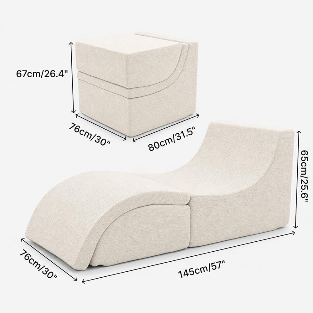 NeoNook 3-in-1 Convertible Chaise Lounge Chair with Curved Back, Chenille Armless Boneless Floor Sofa, Comfortable Lazy Chair Reading Chair for Bedroom, Living Room (White)