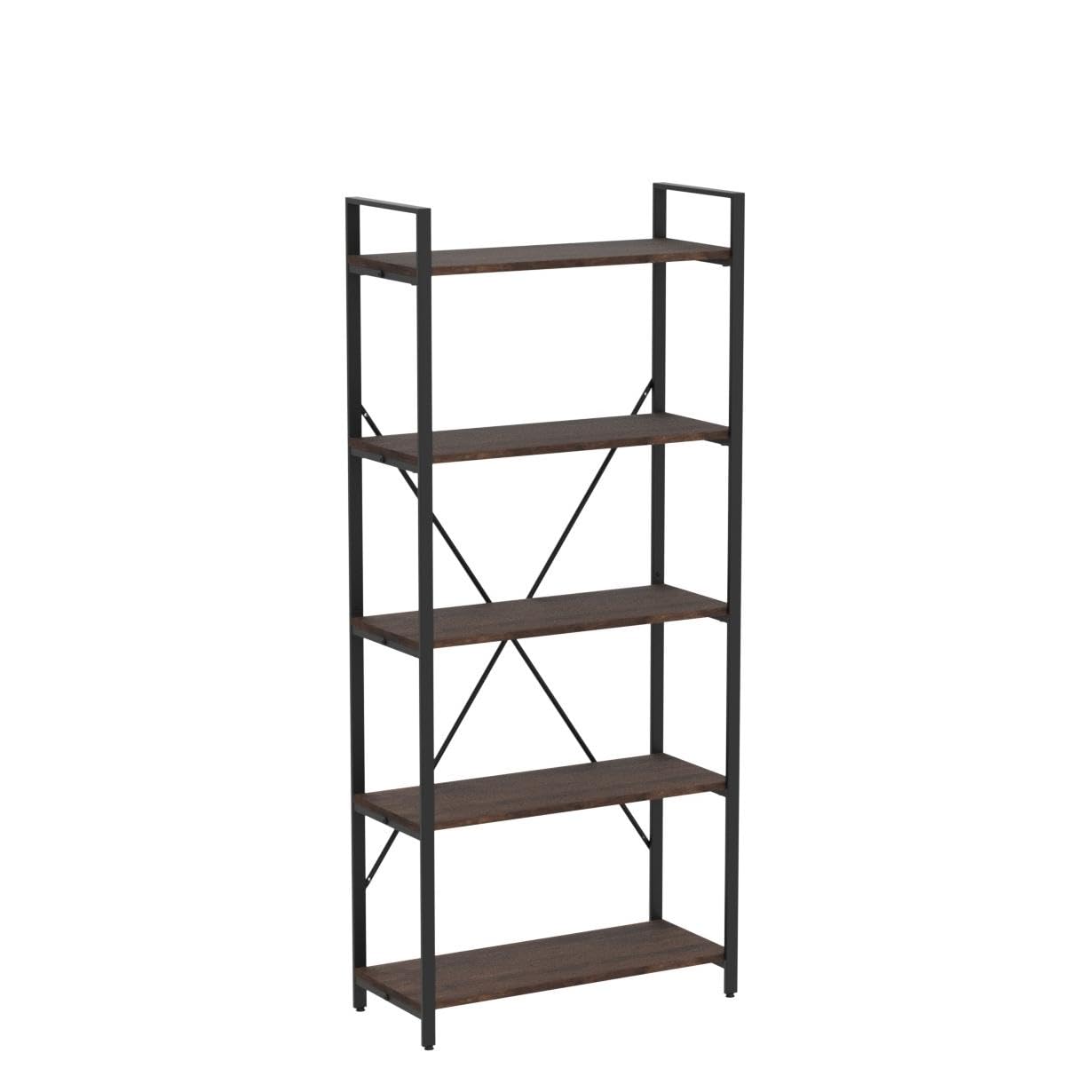 BON AUGURE Industrial Bookshelf, Etagere Bookcases and Book Shelves 5 Tier, Rustic Wood and Metal Shelving Unit (Rustic Oak)