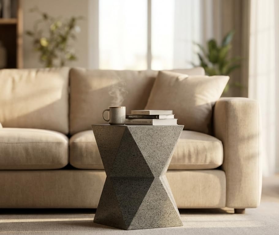 LumeVale 19'' Outdoor Side Table – Lightweight Stone Patio Coffee Stand, Concrete End Table for Backyard, Balcony (Rhombus)