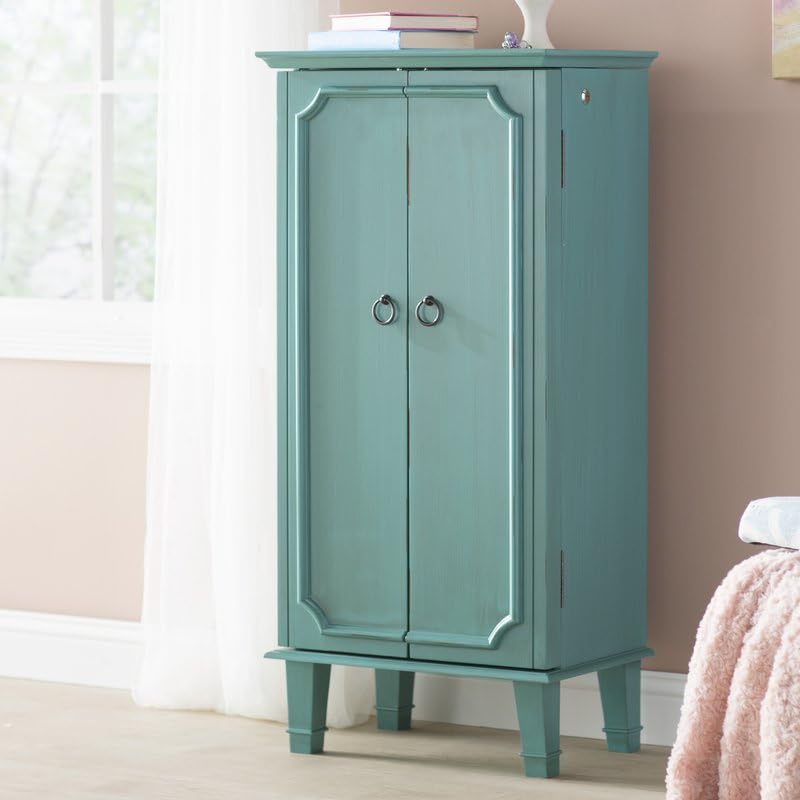 Standing Jewelry Armoire with Mirror & 7 Drawers – Turquoise