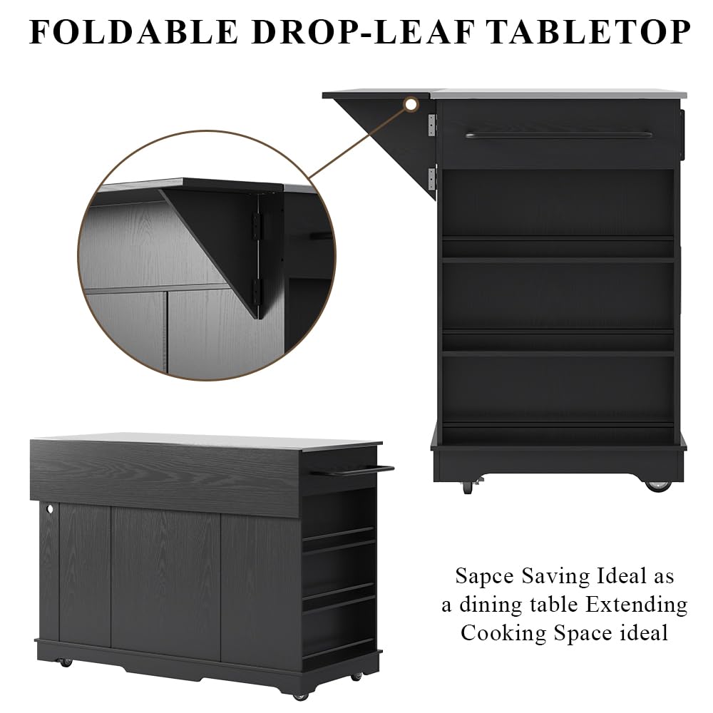 NORDEVERRA 60" Kitchen Island with Drop Leaf & Stainless Steel Countertop