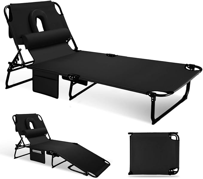 Folding Sun Tanning Lounge Chair with Face Hole, 5-Position Adjustable, 2 Side Pockets & Pillow