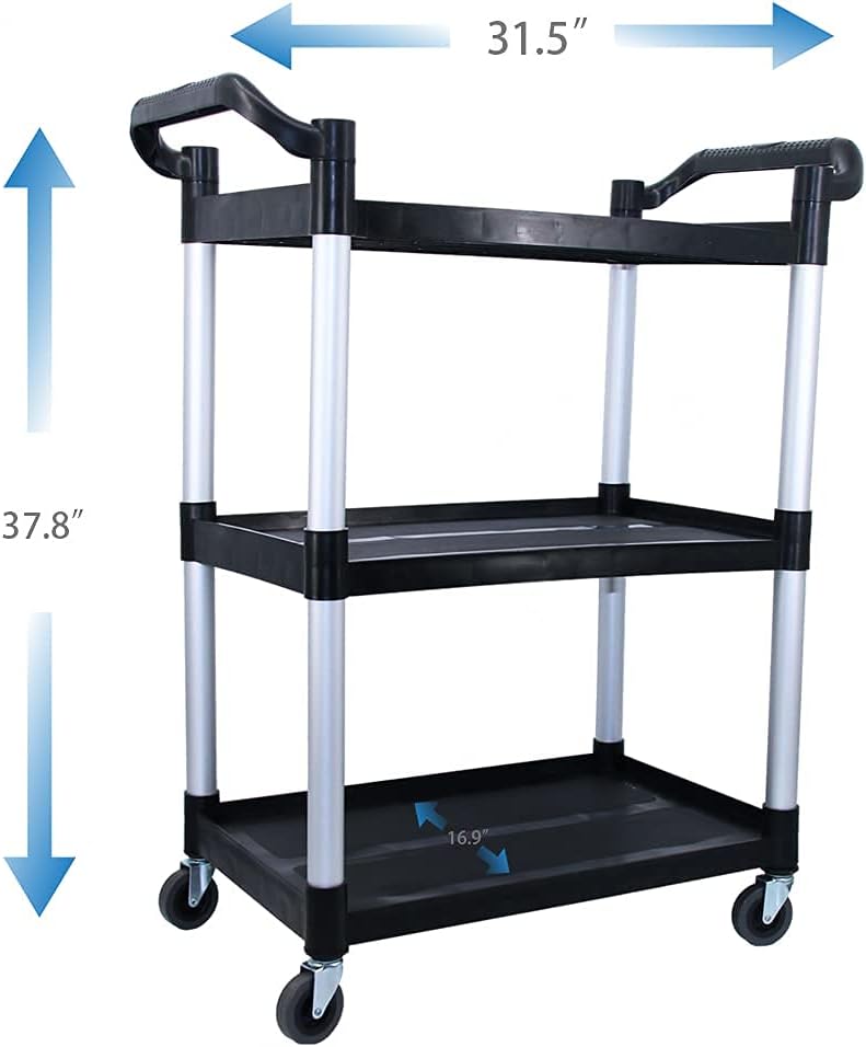 Abacad Plastic Utility Cart with Wheels Lockable, Heavy Duty Restaurant Cart, Service Cart for/Home/Office/Warehouse/Kitchen/Workshop,390 Lbs,2 Handles, Black.