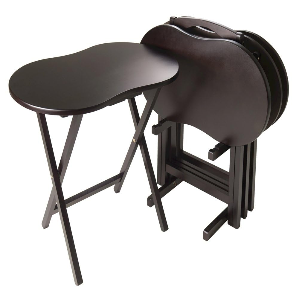 Furnifact Dark Espresso Solid Wood TV Tray Set – Folding Snack Tables with Stand for Eating, Serving, and Working in Any Living Space