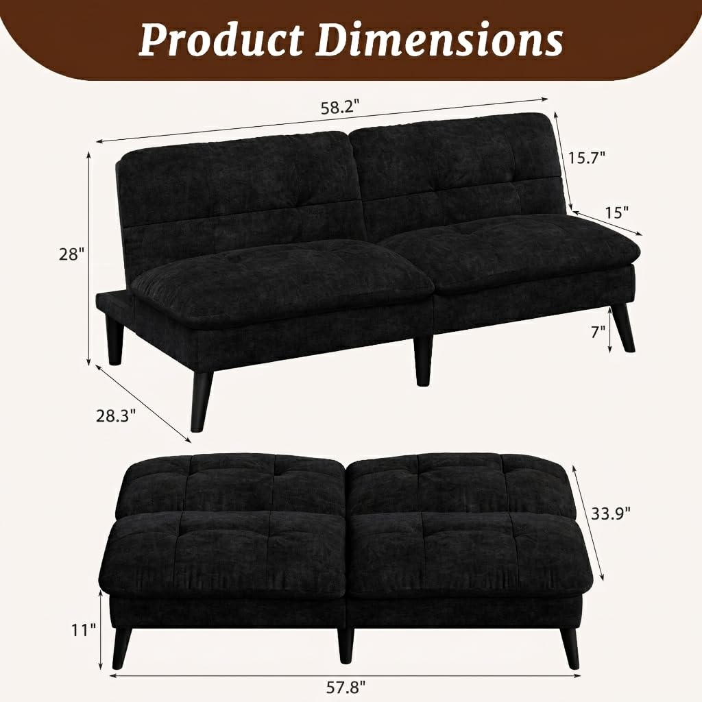 Shintenchi Futon Sofa Bed, Foldable Small Velvet Couch Bed with Adjustable Recliner, Space Saving 2 in 1 Sofa for Living Room, Apartment, or Guest Room, Black
