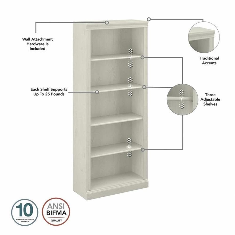 Bush Home Saratoga Tall 5 Shelf Bookcase in Linen White Oak, Home Office Organizer, Vertical Storage Solution for Books and Office Supplies, Tall Bookshelf