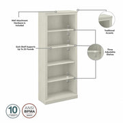 Bush Home Saratoga Tall 5 Shelf Bookcase in Linen White Oak, Home Office Organizer, Vertical Storage Solution for Books and Office Supplies, Tall Bookshelf