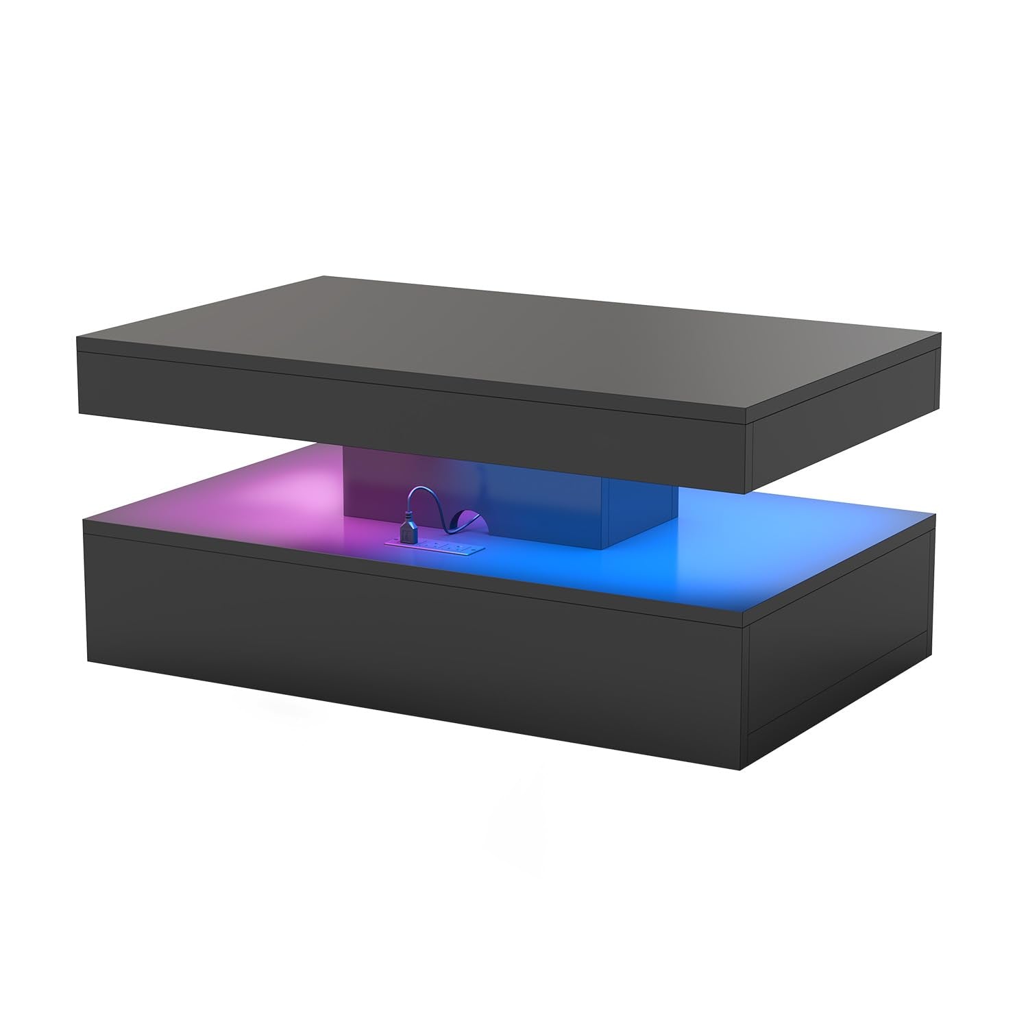 39” Modern High-Glossy LED Coffee Table with 2 Sliding Drawers, Living Room Storage Coffee Tables, Modern Stylish Double-Layer Center Tables with LED Lights, Black