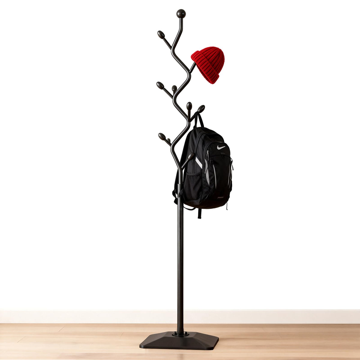 BUZUEY Coat Rack Freestanding Metal Tree Coat Rack Stand with Hooks, Modern Standing Hat Rack for Entryway Hallway Bedroom Office (black)