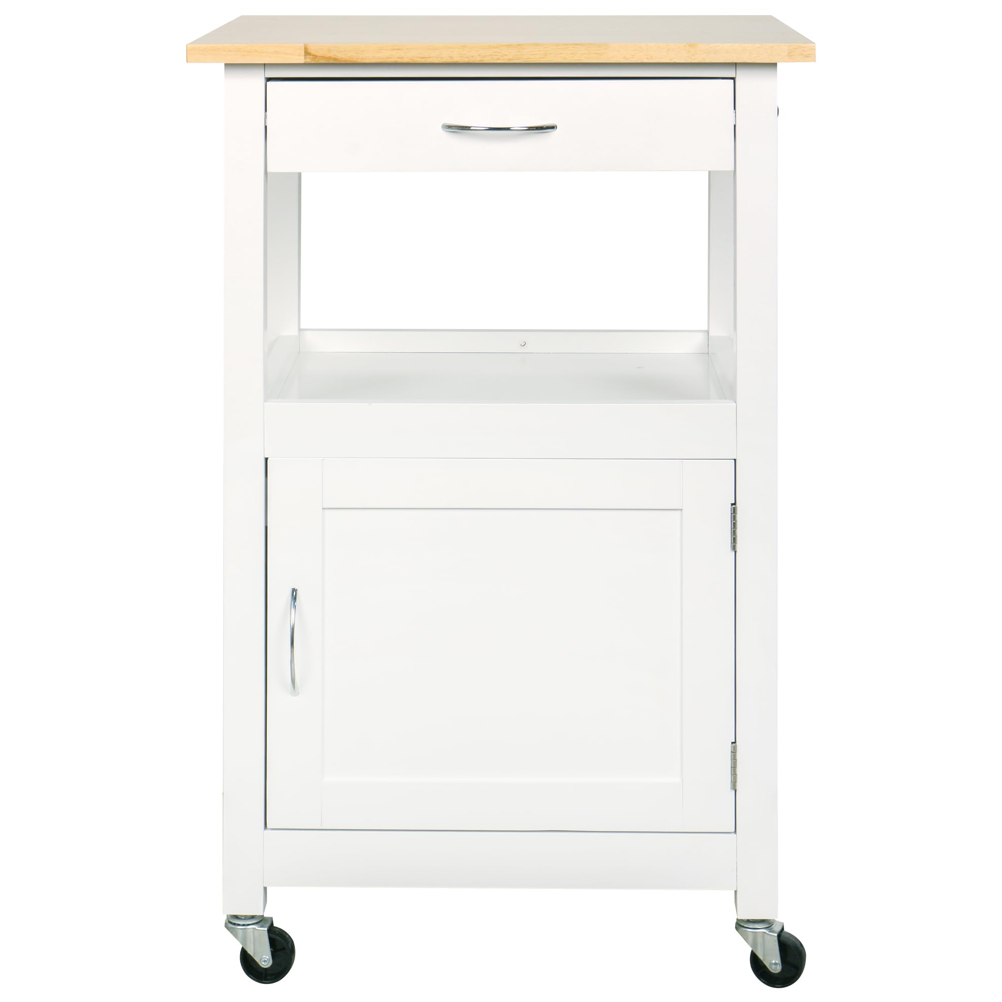 eHemco Kitchen Island Cart on Wheels with Drawer, Storage Cabinet, Shelf and Natural Solid Hardwood Top, White Base