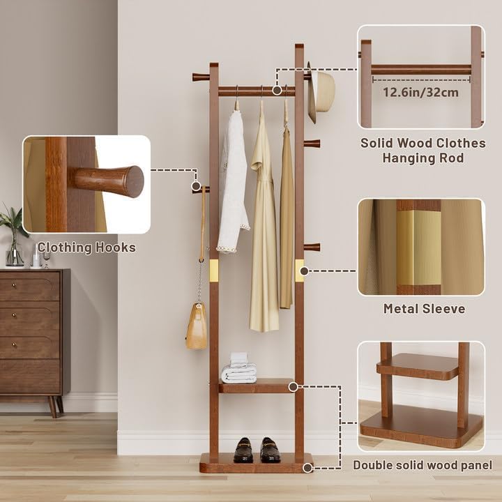 Solid Wood Coat Rack with 2 Shelves & 5 Hooks