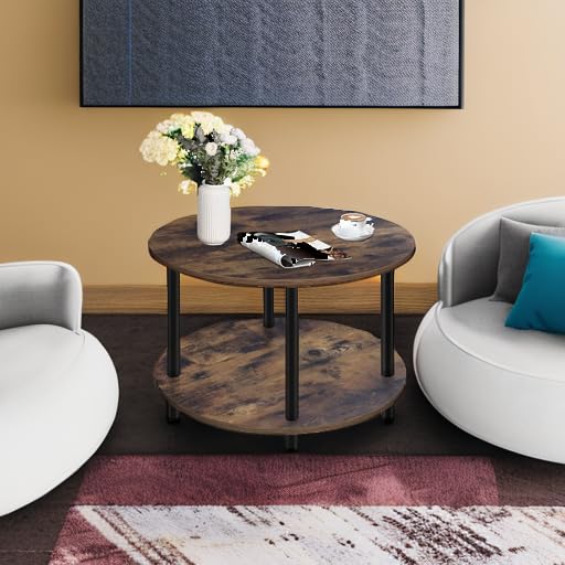 Vanrohe Small Round Coffee Table for Small Space, 23.5" 2-Tier Rustic Brown Wooden Coffee Table with Open Storage for Living Room/Balcony/Office, Metal Legs, Easy to Assemble
