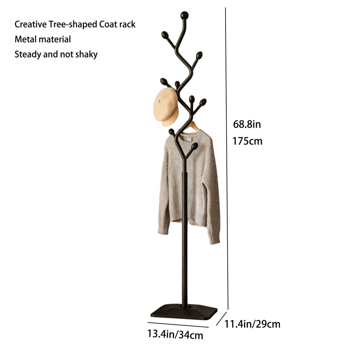 BUZUEY Coat Rack Freestanding Metal Tree Coat Rack Stand with Hooks, Modern Standing Hat Rack for Entryway Hallway Bedroom Office (black)