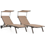 GIANTEX Set of 2 Outdoor Chaise Lounge Chair, Tanning Chair with Sunshade, Smooth Wheels, 6-Level Adjustable Position, Cup Holder, Metal Frame, Patio Chaise Lounge for Sunbathing, Yard, Poolside (2)