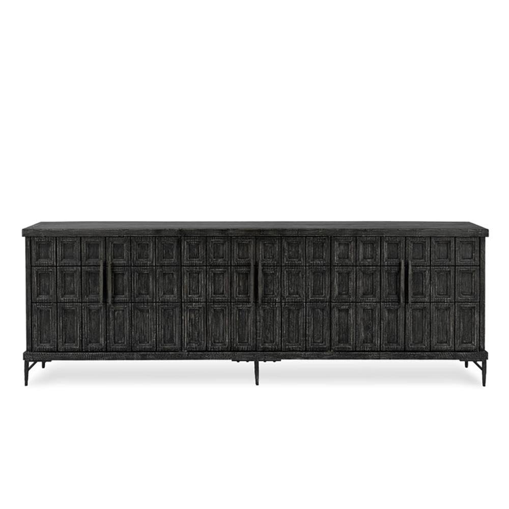 Pemberly Row Transitional 6-Door Sideboard Buffet, Reclaimed Pine Wood, Black Finish, Embossed Geometric Design, Ample Storage, Wire Management, Handcrafted Eco-Friendly Dining Room or Living Room