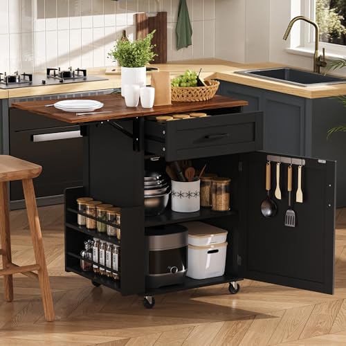 Seeheool K&K 39.3" Farmhouse Kitchen Island with Drop Leaf, Kitchen Storage Island with Open Side Rack, One Drawer, Towel Rack, Rolling Kitchen Cart with Lockable Wheels for Lawn Garden, Black