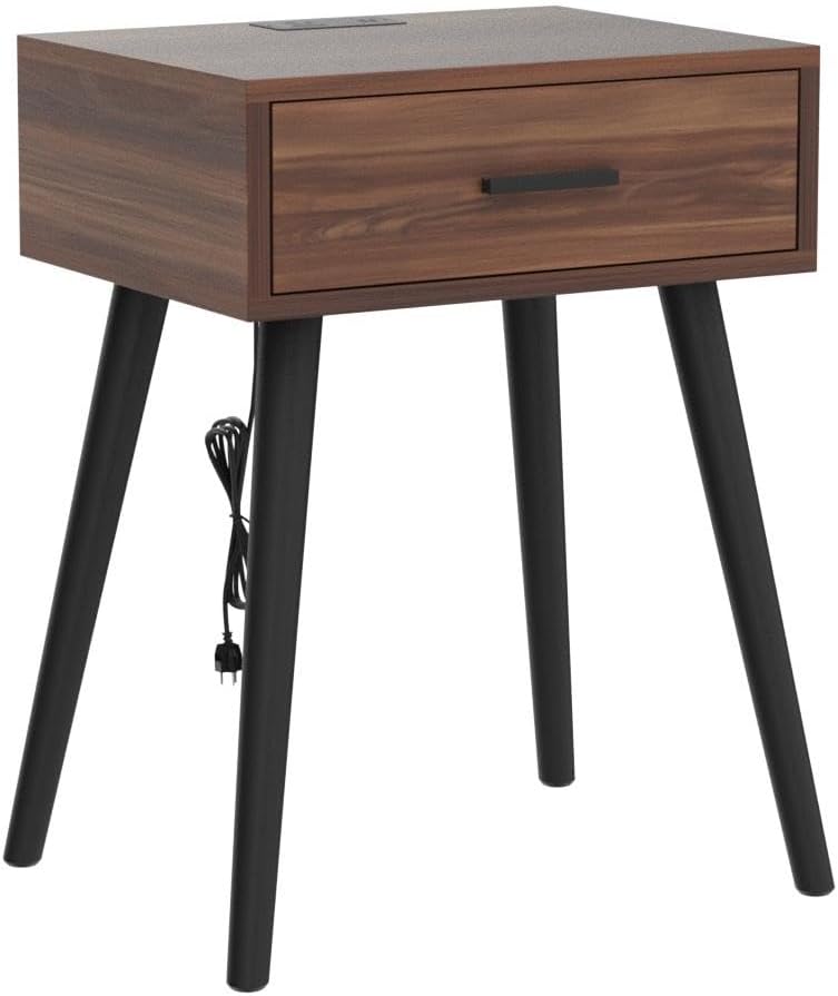 Nightstand Set of 2 with Charging Station & Storage Drawer