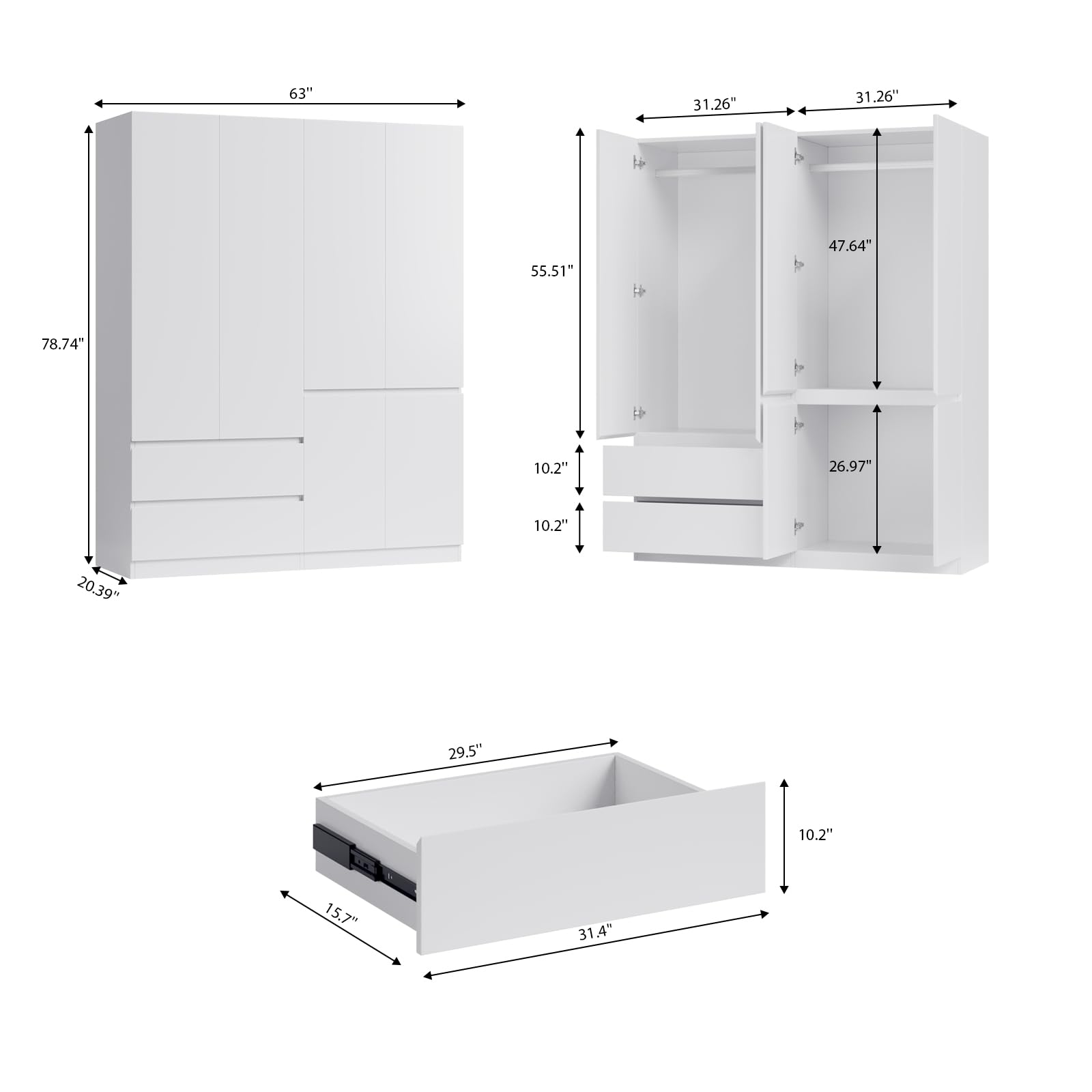 4-Door Wardrobe Armoire with Drawers & Hanging Rod