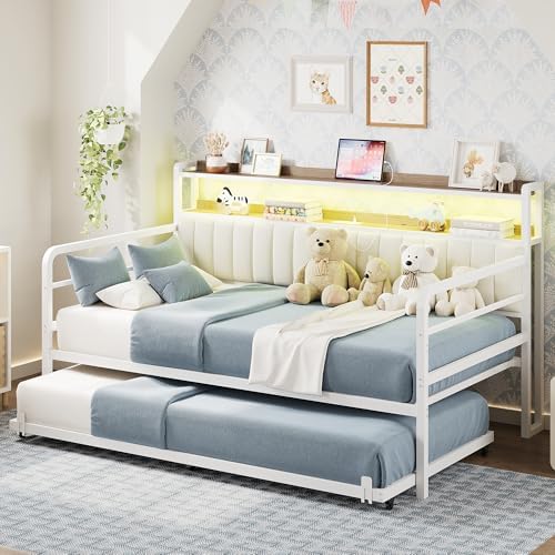 ANCTOR Daybed with Trundle, LED Lights and Charging Station, Full Size Daybed with 2-Tier Storage Shelves and Upholstered Headboard, Metal Sofa Bed Frame for Living Room, Bedroom, White