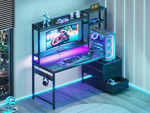 Casaottima 48 Inch Gaming Desk with Hutch & 3 Fabric Drawers, Computer Desk with USB Ports & LED Lights, Reversible Pc Gamer Table with Monitor Stand for Home Office, Carbon Fiber Black