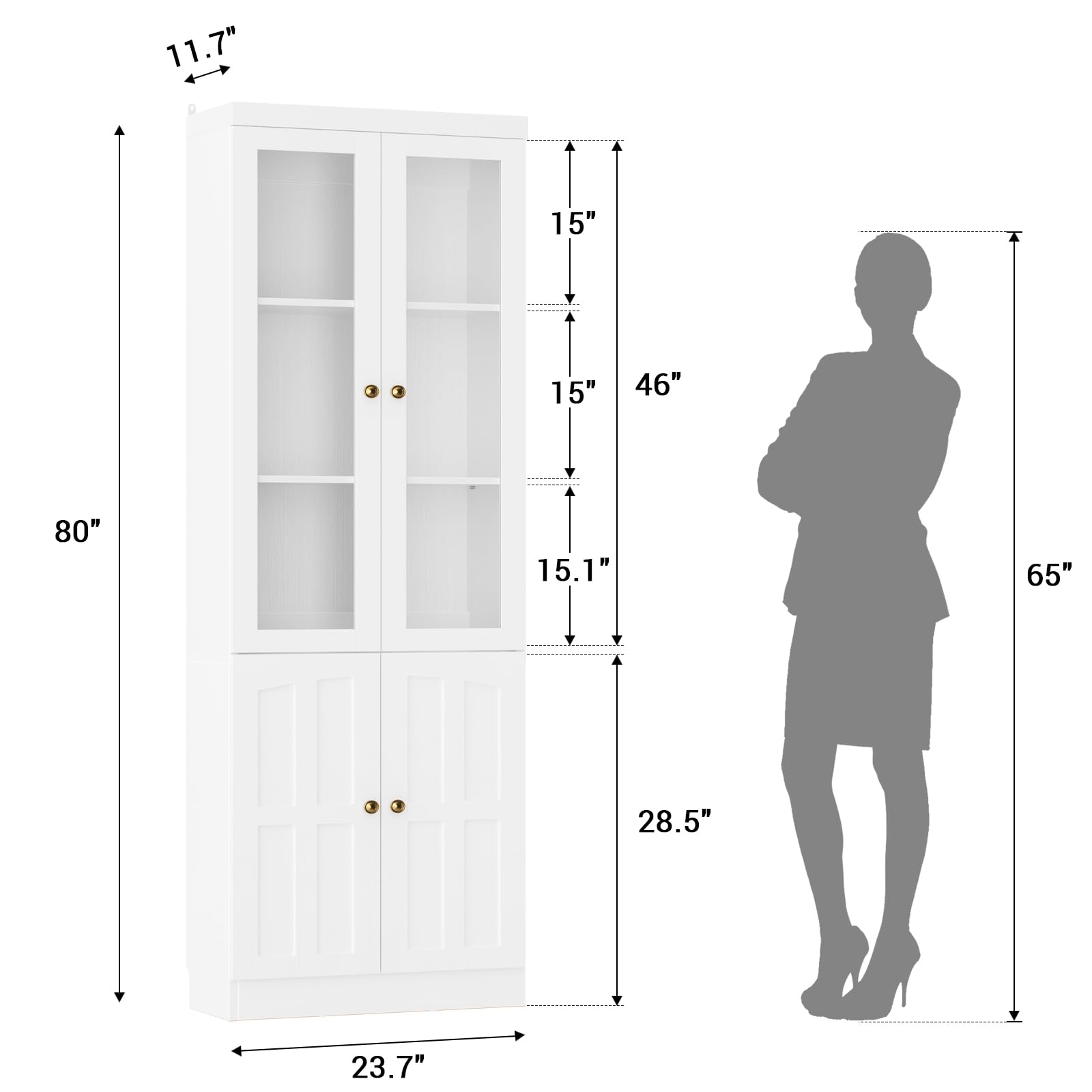 Cyclysio 80" Bookshelf with Glass Doors and Thickened Top Panel, Farmhouse Bookcase with Adjustable Shelves, Tall Bookshelf Display Cabinet for Living Room & Home Office, White, Set of 2