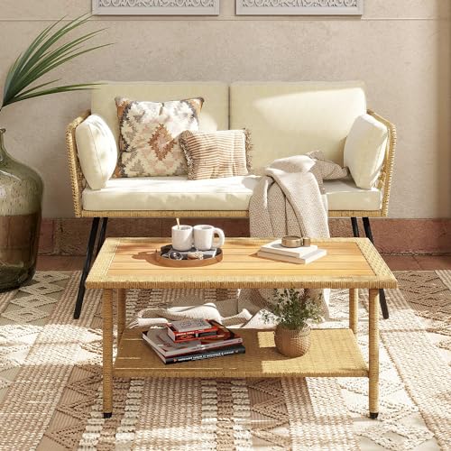 Wicker Rattan Patio Loveseat Set with Cushions & Side Table