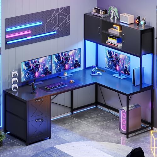 L-Shaped Corner Desk with Drawers, LED Lights & Power Outlet