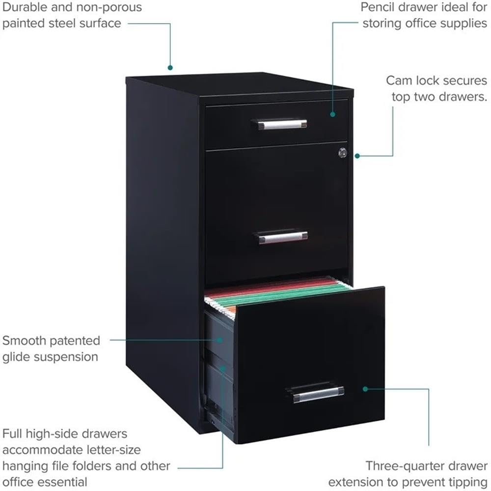 Black 3-Drawer Metal Filing Cabinet