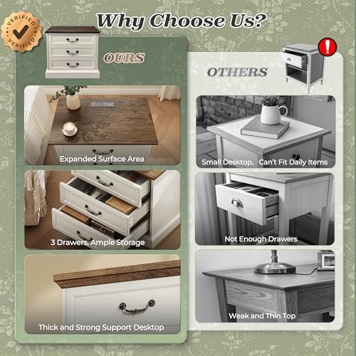 Farmhouse Nightstand with Charging Station & 3 Drawers