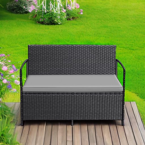 Outdoor PE Rattan Storage Bench with Cushion